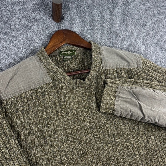Eddie Bauer Mens L Tall Sweater Cotton Blend Wool Blend Elbow Patch Olive Green - Picture 1 of 6